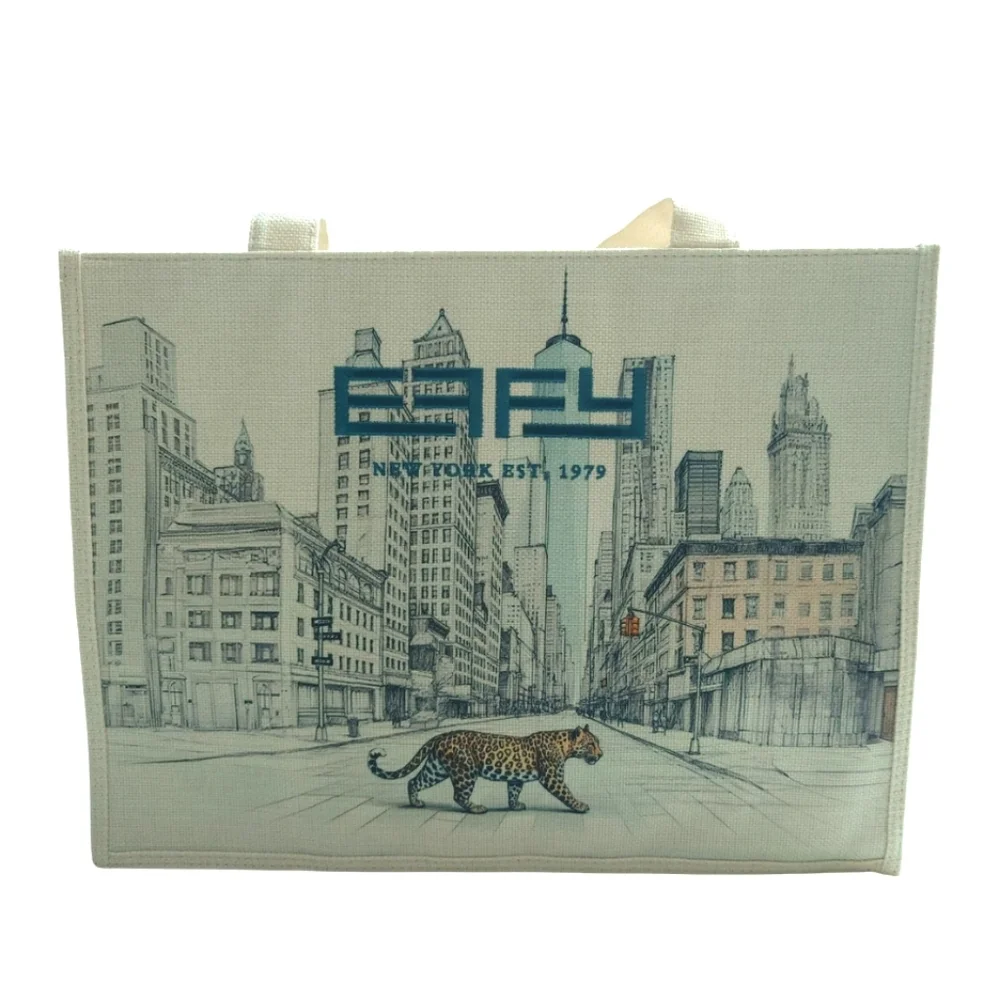 EFFY Hematian Beige Cream Fabric Zippered Tote New York City Landscape Leopard - Picture 1 of 9